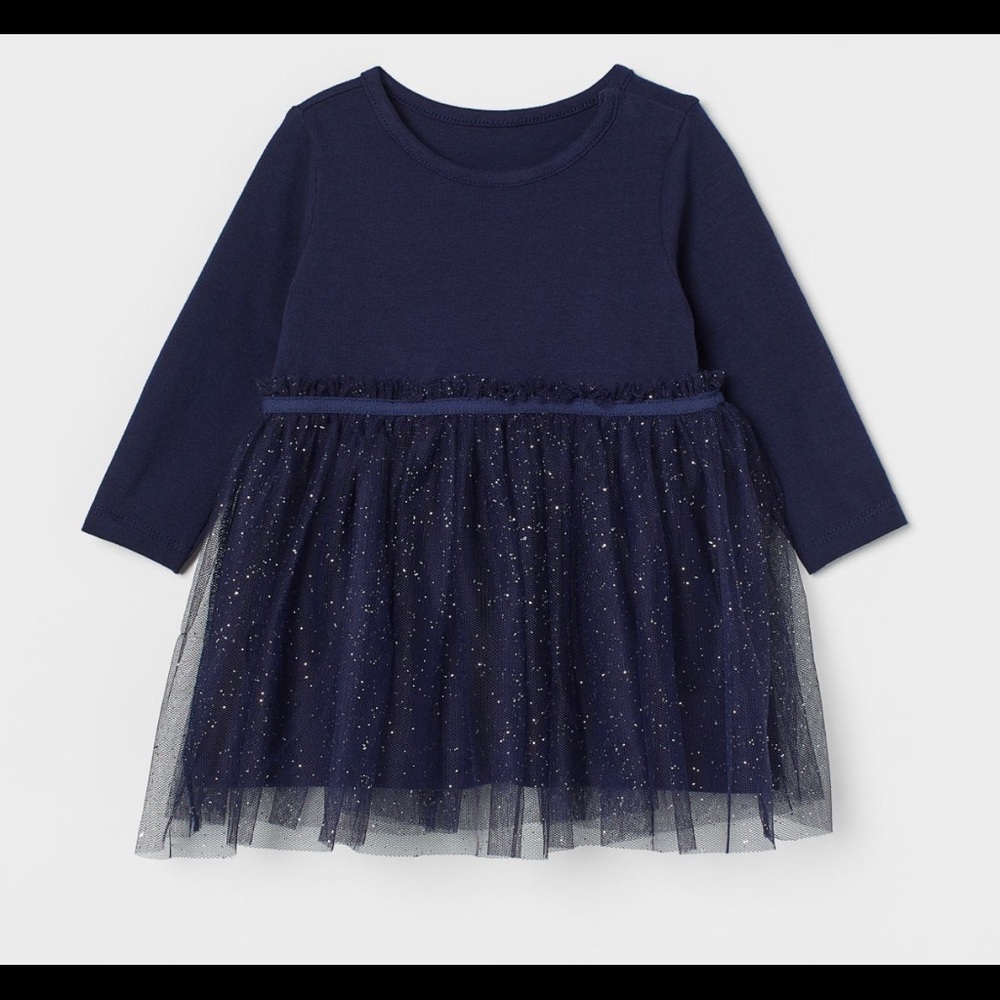 Navy Blue long-sleeved dress with a double-layered skirt in glittery tulle